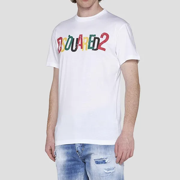Áo Phông Nam Dsquared2 White With Multicolor Logo Printed Tshirt S71GD1249 S23009 100 Màu Trắng