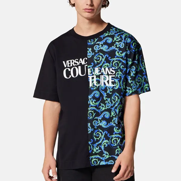 Áo Phông Nam Versace Sketch Couture Logo Tshirt E74GAHE06 Màu Đen Phối Màu