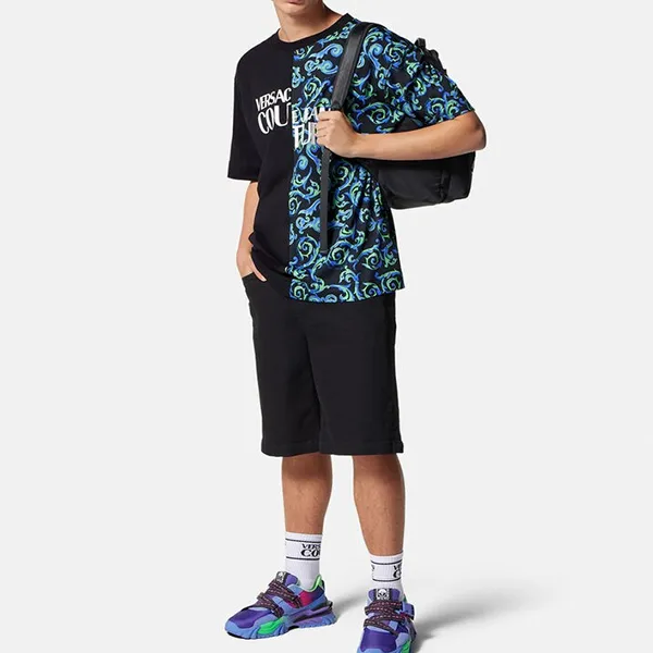 Áo Phông Nam Versace Sketch Couture Logo Tshirt E74GAHE06 Màu Đen Phối Màu