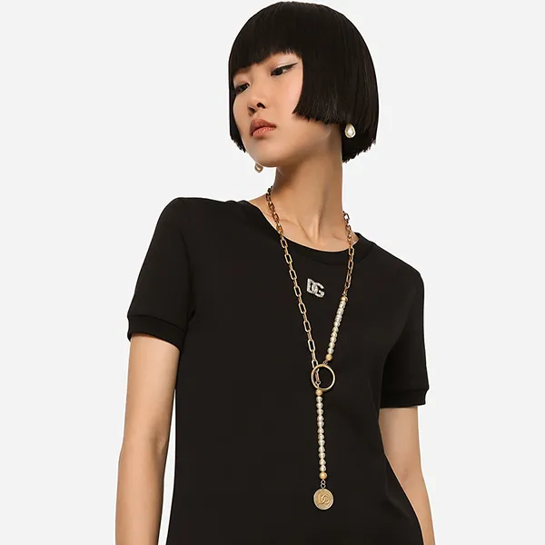 Áo Phông Nữ Dolce & Gabbana D&G Black With Logo DG Silver Tshirt F8T00Z G7B3U N0000 Màu Đen