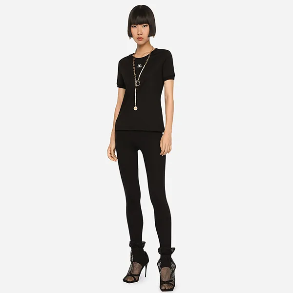 Áo Phông Nữ Dolce & Gabbana D&G Black With Logo DG Silver Tshirt F8T00Z G7B3U N0000 Màu Đen