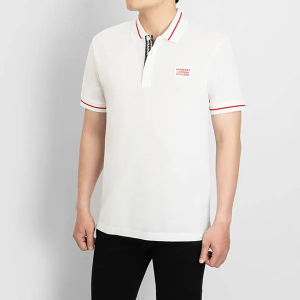 Áo Polo Nam Burberry White With Check Logo TB 8067577 Màu Trắng Size L