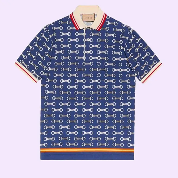 Áo Polo Nam Gucci GG Horsebit Print Cotton Shirt Màu Xanh Phối Họa Tiết