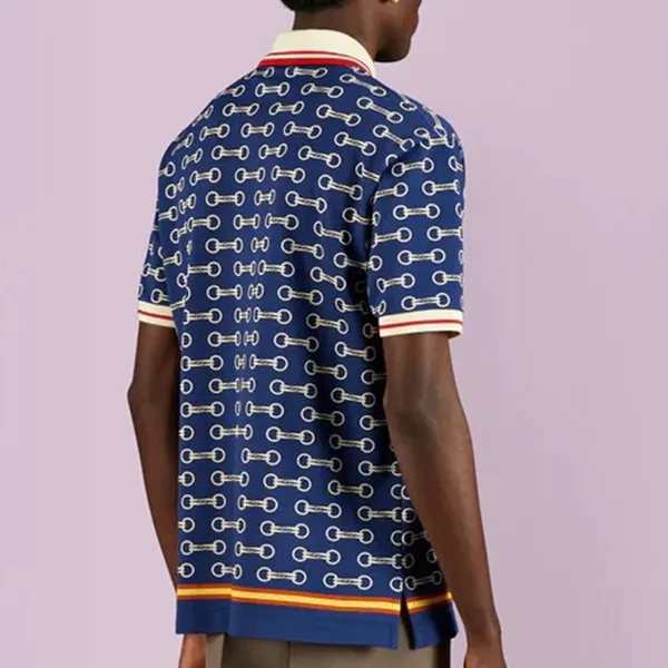 Áo Polo Nam Gucci GG Horsebit Print Cotton Shirt Màu Xanh Phối Họa Tiết