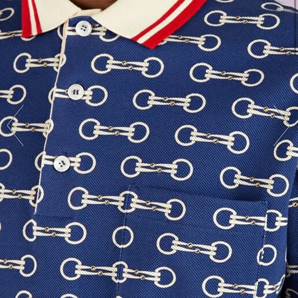 Áo Polo Nam Gucci GG Horsebit Print Cotton Shirt Màu Xanh Phối Họa Tiết