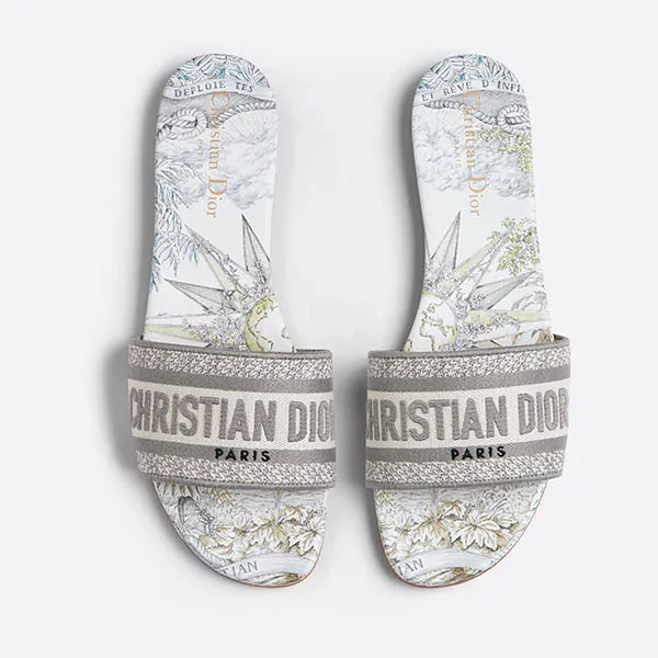 Dép Dior Dway Slide White And Gray Cotton With Rêve D'Infini Embroidery KCQ209RIY_S47W Màu Xám