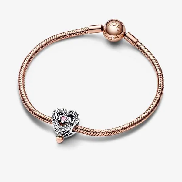 Hạt Vòng Charm Nữ Pandora Two-Tone Openwork Mom & Heart 782653C01 Màu Bạc Hồng - Trang sức - Vua Hàng Hiệu