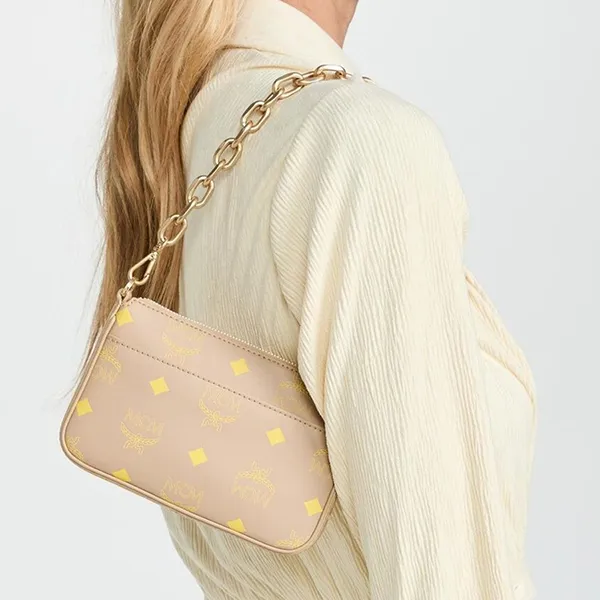 Túi Đeo Vai Nữ MCM Mini Color Splash Logo Pouch Chain Shoulder Bag Màu Be