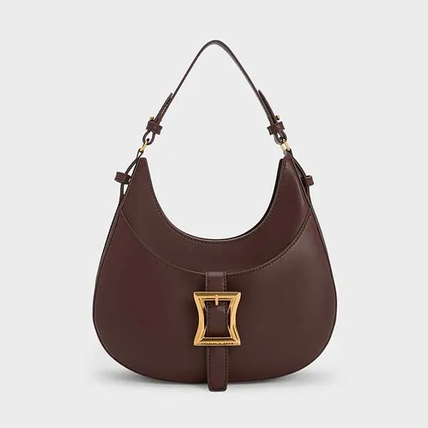 Túi Xách Nữ Charles & Keith Belted Curved Bag Black 40271127 Màu Nâu - Túi xách - Vua Hàng Hiệu
