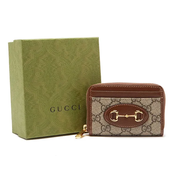 Ví Nữ Gucci Horsebit 1955 Zip Around Card Case GG Coated Canvas Màu Nâu