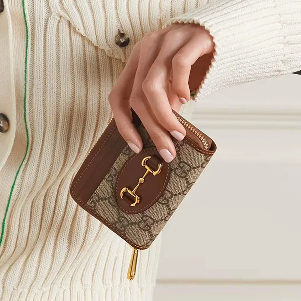 Ví Nữ Gucci Horsebit 1955 Zip Around Card Case GG Coated Canvas Màu Nâu