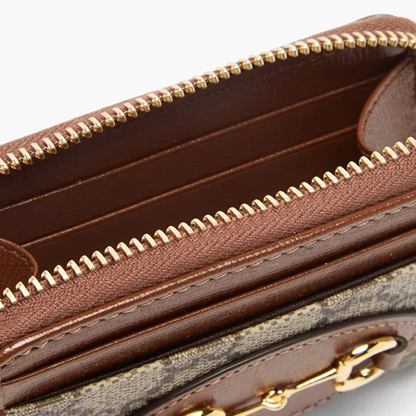 Ví Nữ Gucci Horsebit 1955 Zip Around Card Case GG Coated Canvas Màu Nâu