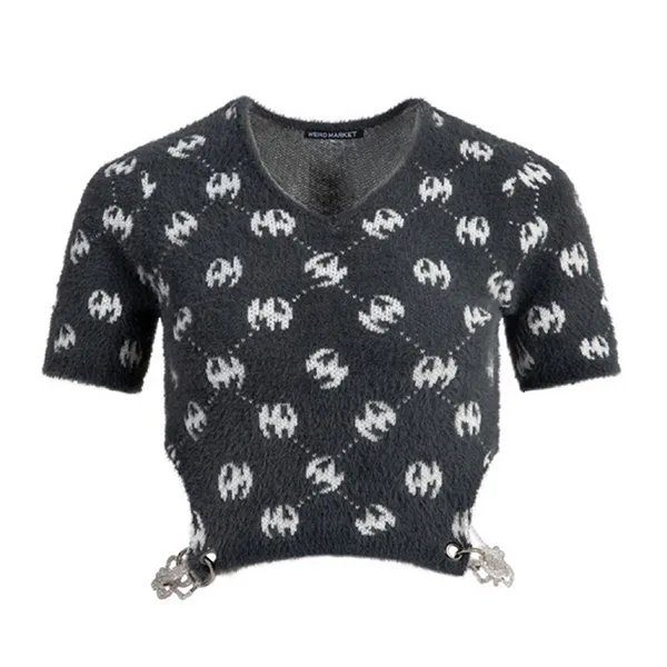 Áo Len Nữ Weird Market Cover Chain Artificial Fur Knit Tshirt Dark Grey Màu Đen Xám