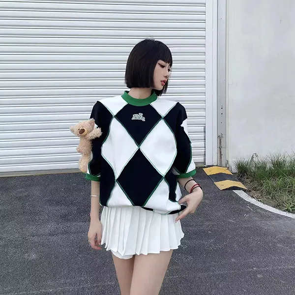 Áo Phông 13 De Marzo Hemming Diamond Check Tshirt Forest River Màu Đen Trắng Size S