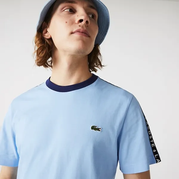 Áo Phông Nam Lacoste Crew Neck Print Striped Cotton Tshirt TH7079-51 Màu Xanh Blue Size 4