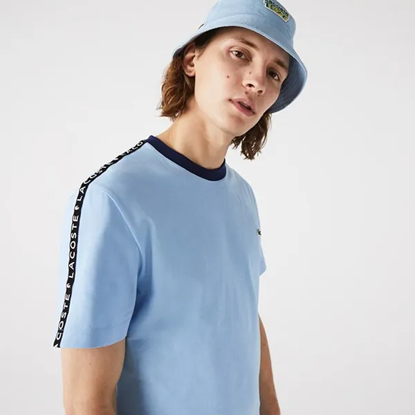 Áo Phông Nam Lacoste Crew Neck Print Striped Cotton Tshirt TH7079-51 Màu Xanh Blue Size 4