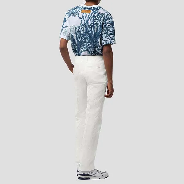 Áo Phông Nam Louis Vuitton LV White With Blue Pattern Printed Tshirt HPY30W-Y93-RM232M Màu Xanh Phối Trắng