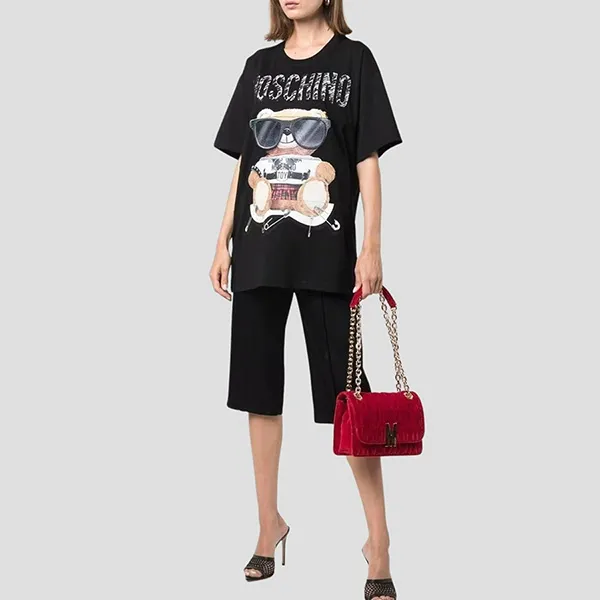 Áo Phông Nữ Moschino Black Logo Teddy Bear Embroidered Tshirt 212E V070255403555 Màu Đen