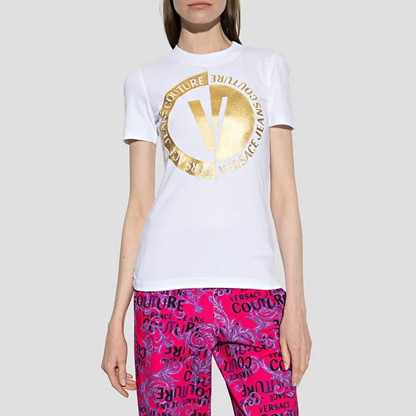 Áo Phông Nữ Versace White With Logo Printed Tshirt 74HAHT10 CJ03T G03 Màu Trắng