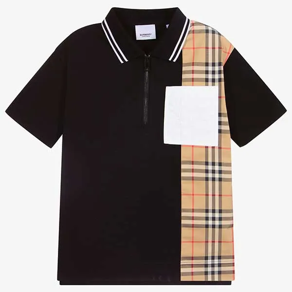 Áo Polo Nam Burberry Teen Black & Beige Shirt Màu Đen Be
