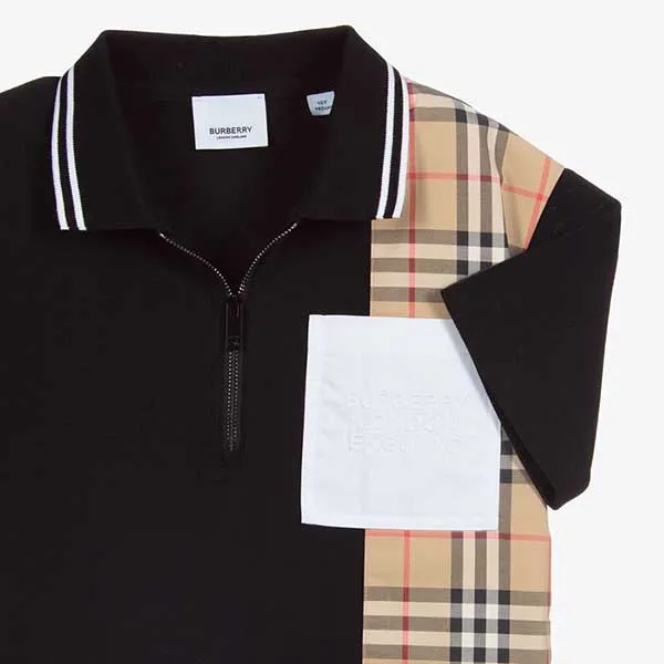 Áo Polo Nam Burberry Teen Black & Beige Shirt Màu Đen Be