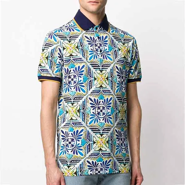 Áo Polo Nam Dolce & Gabbana D&G Men's Maiolica Tile Polo Shirt In Multi Màu Xanh Họa Tiết