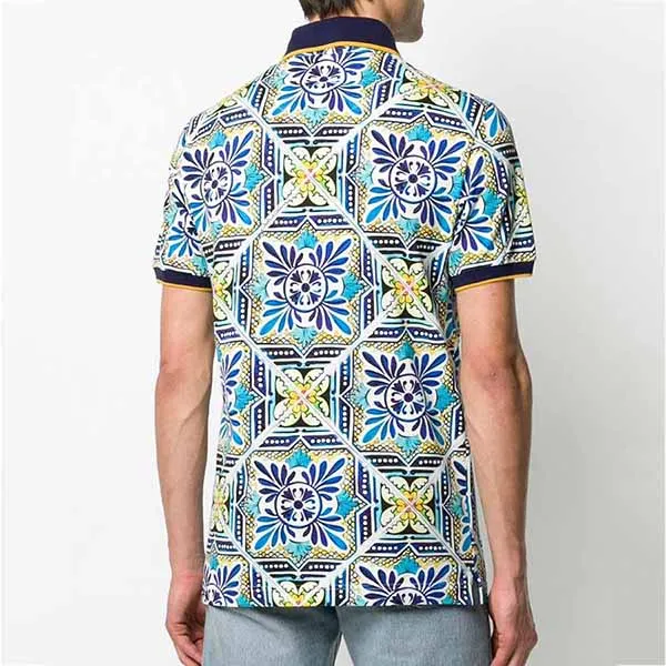 Áo Polo Nam Dolce & Gabbana D&G Men's Maiolica Tile Polo Shirt In Multi Màu Xanh Họa Tiết
