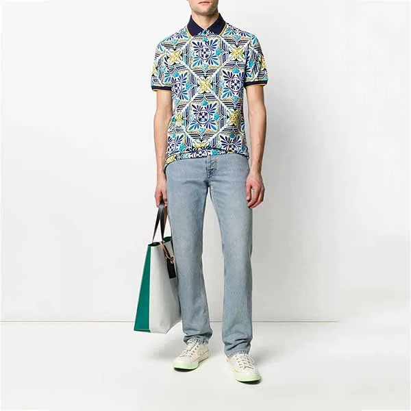 Áo Polo Nam Dolce & Gabbana D&G Men's Maiolica Tile Polo Shirt In Multi Màu Xanh Họa Tiết