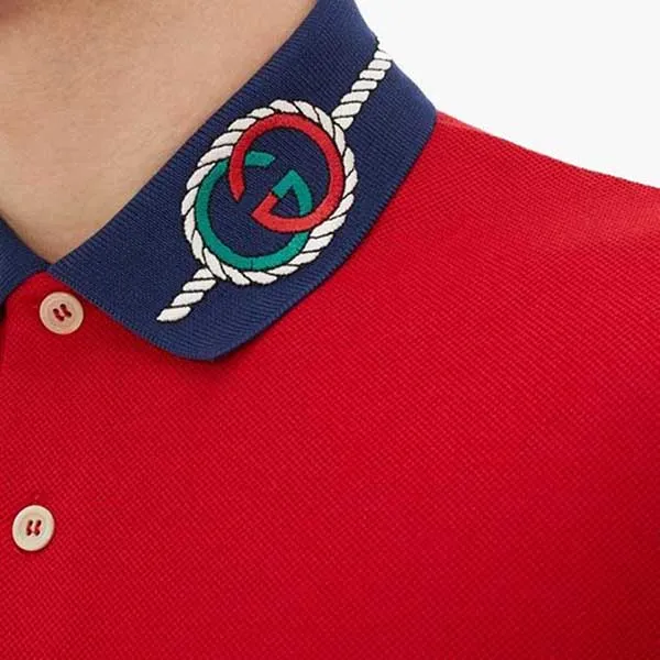 Áo Polo Nam Gucci GG Embroidered Rope Logo Cotton Piqué Shirt Màu Đỏ - 4