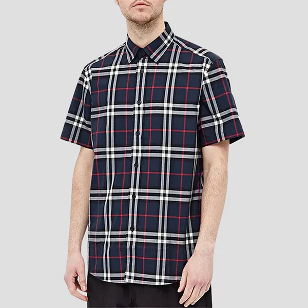 Áo Sơ Mi Cộc Tay Nam Burberry With Check Printed 8020872 Màu Xanh Navy Size M