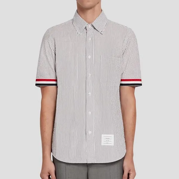 Áo Sơ Mi Cộc Tay Nam Thom Browne Grosgrain Cuff Button Down MWS252A-00572-035 Màu Xám
