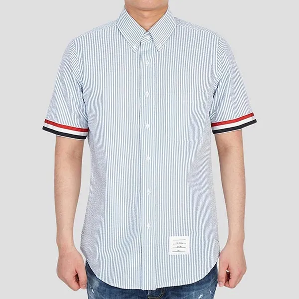 Áo Sơ Mi Cộc Tay Nam Thom Browne Grosgrain Cuff Button Down MWS252A-00572-450 Màu Xanh Blue Size 1