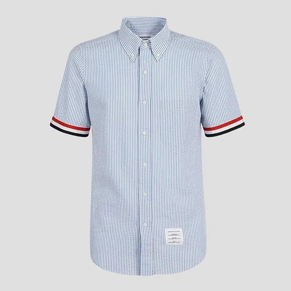 Áo Sơ Mi Cộc Tay Nam Thom Browne Grosgrain Cuff Button Down MWS252A-00572-450 Màu Xanh Blue Size 1