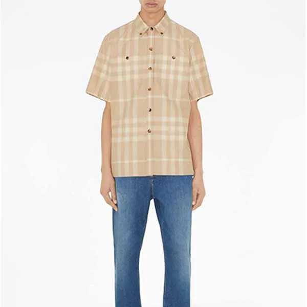 Áo Sơ Mi Nam Burberry Check-Pattern Cotton Shirt Màu Be Kẻ