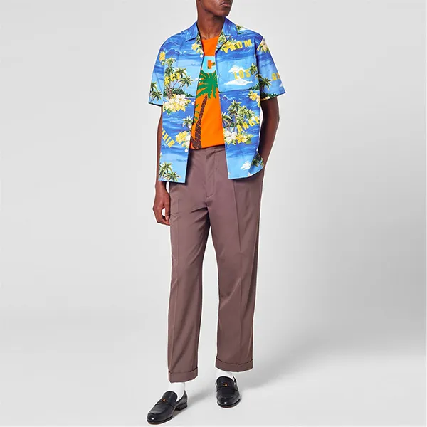 Áo Sơ Mi Nam Gucci Printed Cotton Poplin Bowling Shirt Màu Xanh Vàng