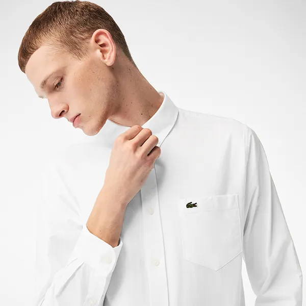 Áo Sơ Mi Nam Lacoste Men’s Buttoned Collar Oxford Cotton Shirt CH0204 001 Màu Trắng Size 39 - 4