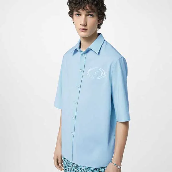 Áo Sơ Mi Nam Louis Vuitton LV Short-Sleeved Cotton Shirt 1ABK06 Màu Xanh Nhạt