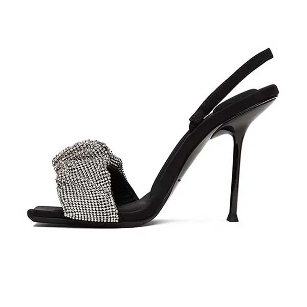 Dép Cao Gót Nữ Alexander Wang Black Crystal Scrunchie Julie Heeled Sandals 221187F125003 Màu Đen Trắng Size 36
