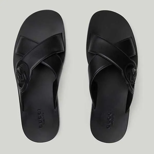 Dép Nam Gucci GG Men's Black Interlocking G Slide Sandal Màu Đen