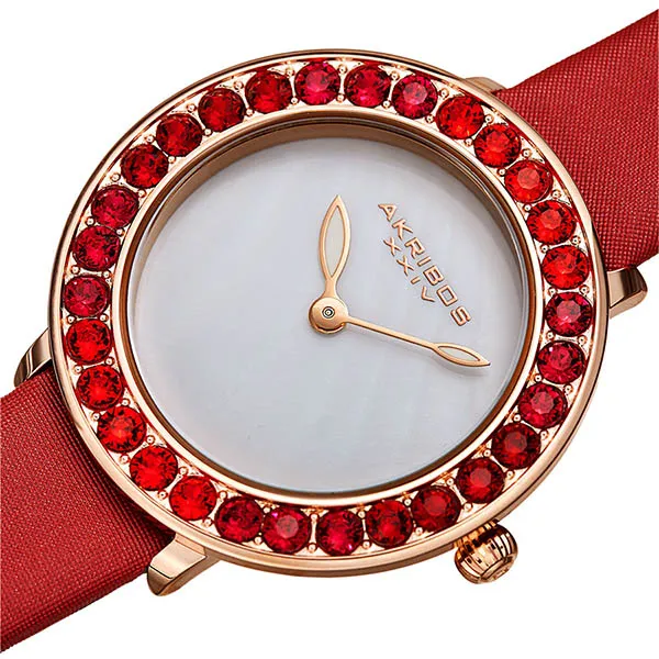 Đồng Hồ Nữ Akribos XXIV Women's AK1093 Quartz Swarovski Mother-Of-Pearl Satin Strap Watch Màu Đỏ