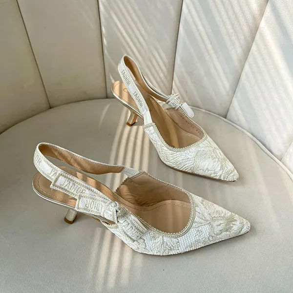 Giày Cao Gót Nữ Dior J’adior Slingback Pump White And Gold-Tone KDP761JHL_S67W Màu Trắng Vàng - 1