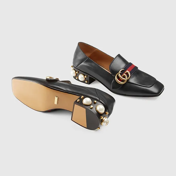 Giày Lười Nữ Gucci Leather Mid-Heel Loafer 423559 DKHC0 1061 Màu Đen Size 36