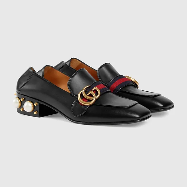 Giày Lười Nữ Gucci Leather Mid-Heel Loafer 423559 DKHC0 1061 Màu Đen Size 36