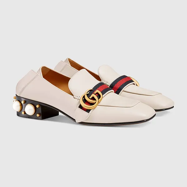 Giày Lười Nữ Gucci Leather Mid-Heel Loafer 423559 DKHC0 9061 Màu Trắng Kem Size 35.5 - 1