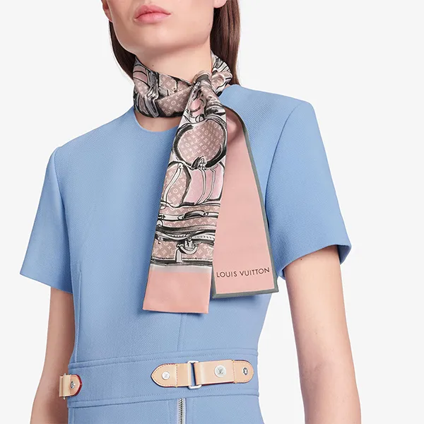 Khăn Nữ Louis Vuitton LV Rose Poudre Trunks Print Bandeau Scarf M73965 Màu Hồng Nâu