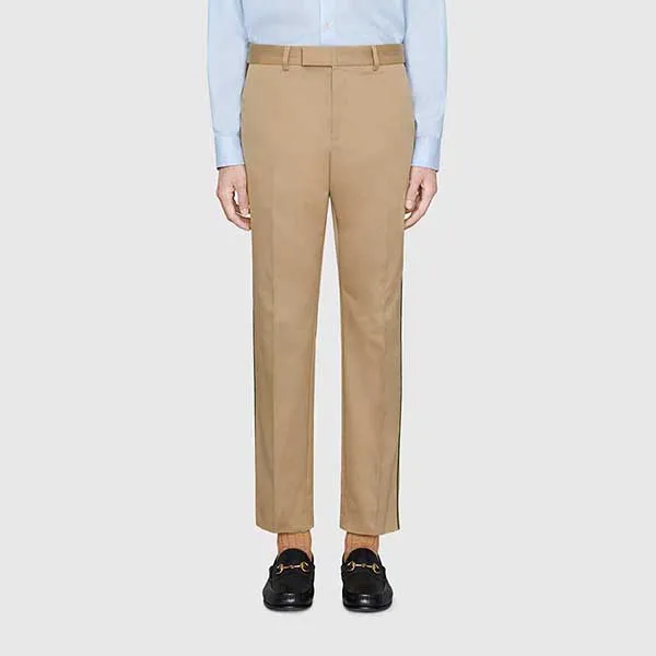 Quần Dài Nam Gucci GG Cotton 60s Trousers With Web Màu Kaki