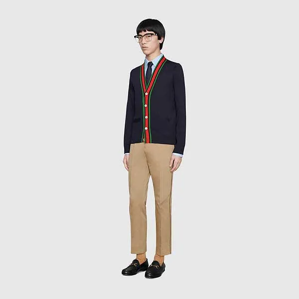 Quần Dài Nam Gucci GG Cotton 60s Trousers With Web Màu Kaki