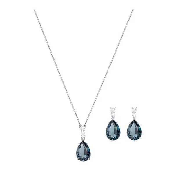 Set Dây Chuyền + Khuyên Tai Nữ Swarovski Vintage Necklace And Drop Pierced Earring Màu Xanh Bạc