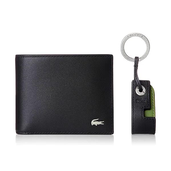 Set Ví Nam + Móc Khóa Kèm Giá Đỡ Điện Thoại GLacoste Men's Billfold Key Holder Box NH3288FG-000 Màu Đen