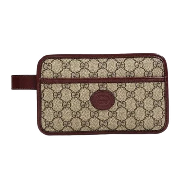 Túi Cầm Tay Nam Gucci GG Leather And Canvas Travel Pouch W/ Interlocking G In Red/Beige Màu Beige Viền Da Đỏ Mận - 3